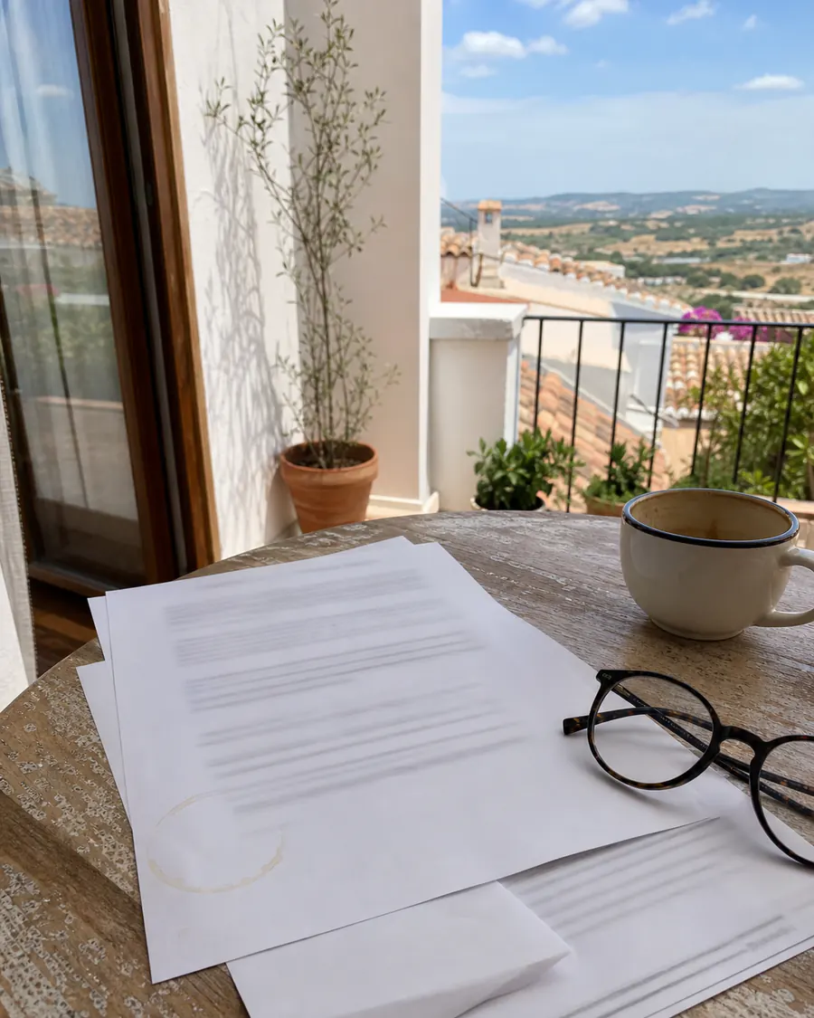 Printed contract pages on a sunlit terrace table beside reading glasses and a coffee