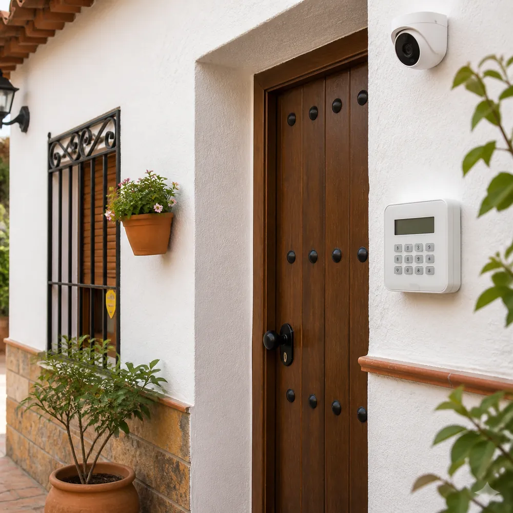 A Spanish front door with an alarm keypad and security camera beside it