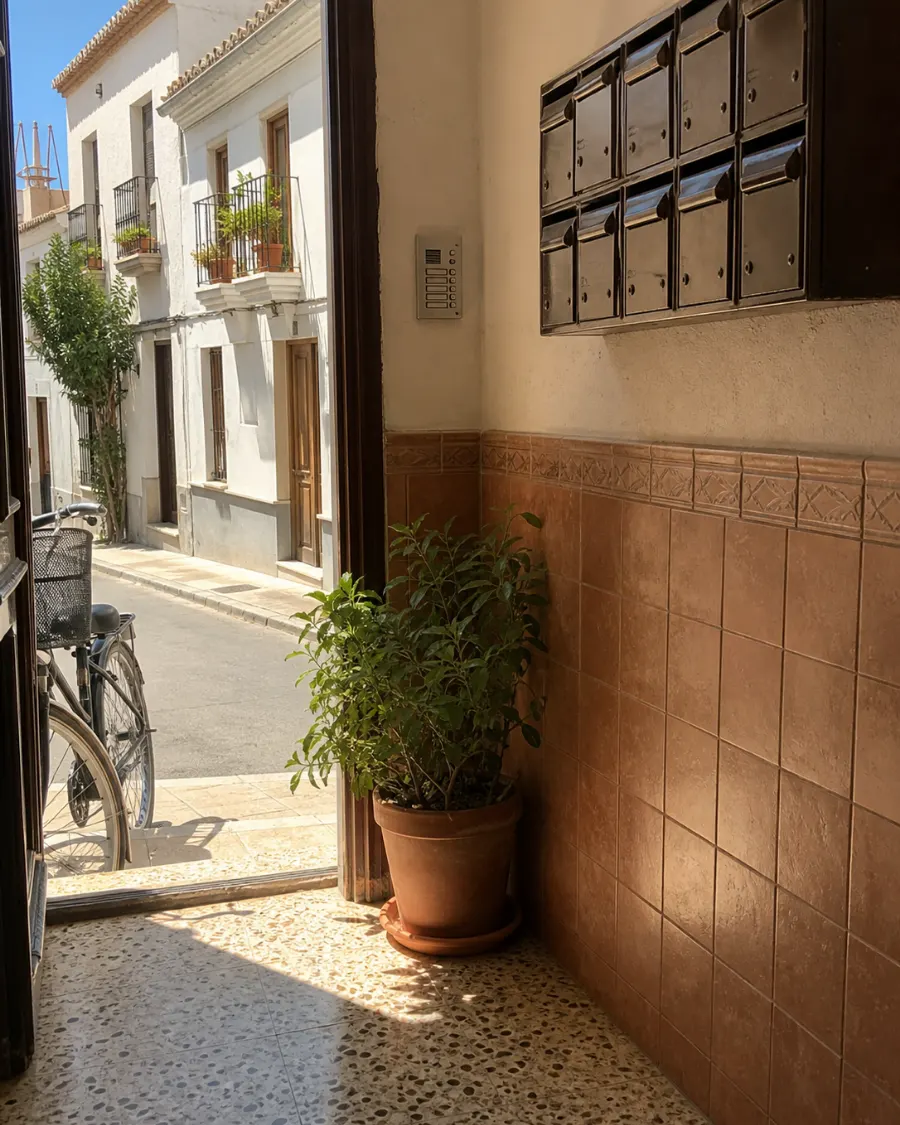 The entrance hall of a Spanish apartment block, with postboxes and an entry keypad