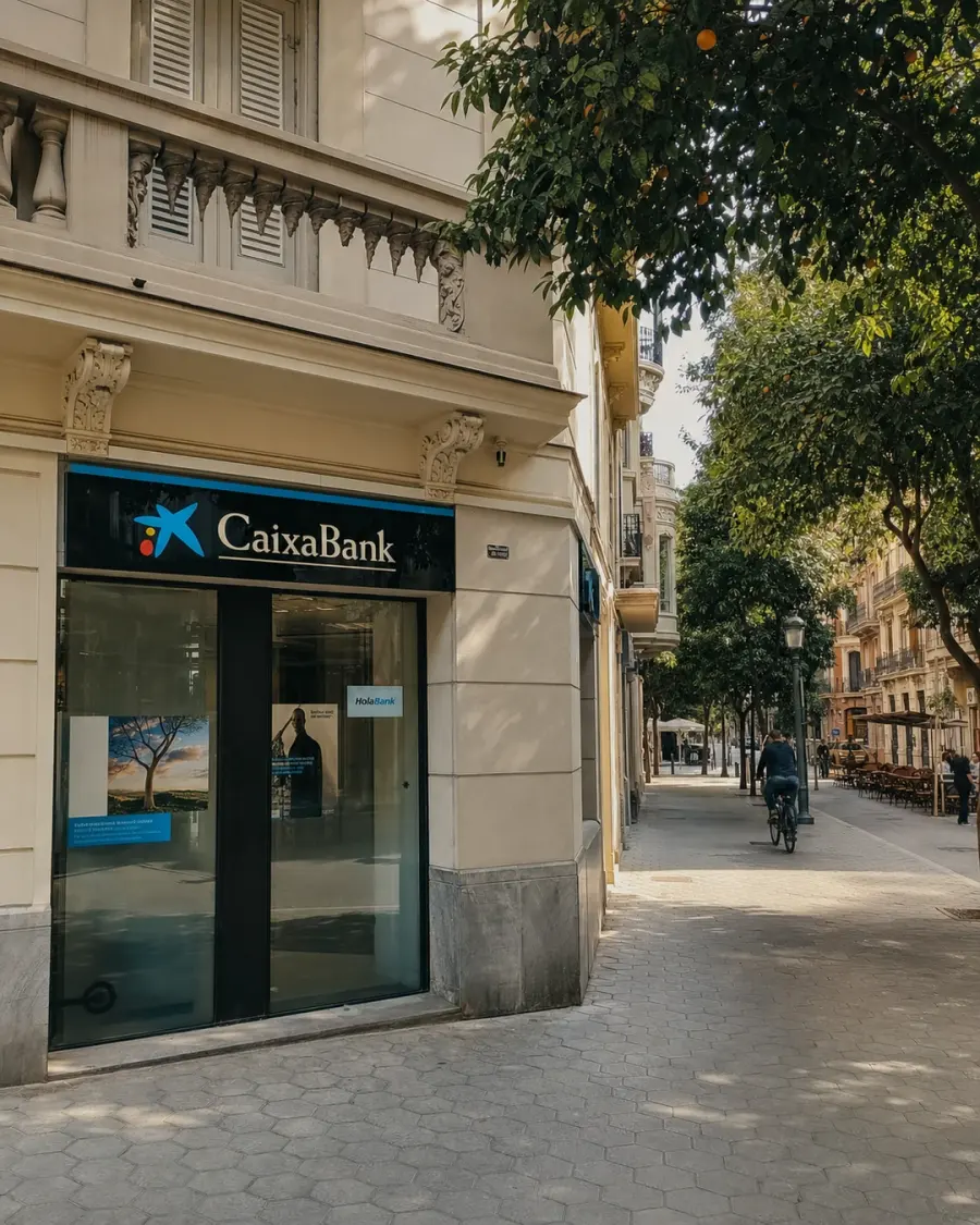 A CaixaBank branch on a street corner in Valencia
