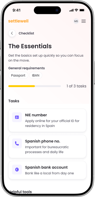Settlewell app screenshot showing the Essentials checklist with NIE, Spanish phone, and bank account tasks