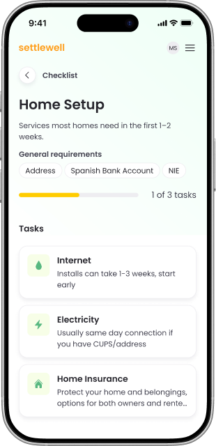 Settlewell app screenshot showing the Home Setup checklist with internet, electricity, and home insurance tasks