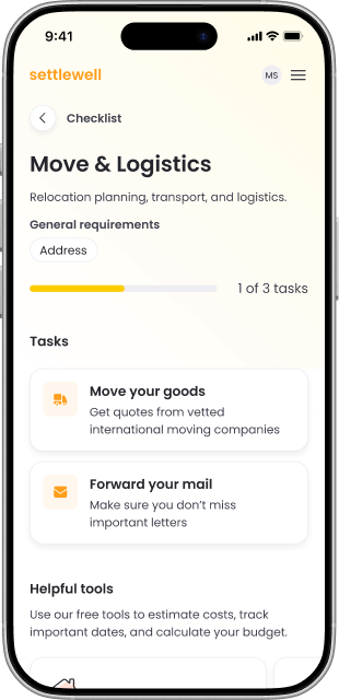 Settlewell app screenshot showing the Move & Logistics checklist with international moving and mail forwarding tasks