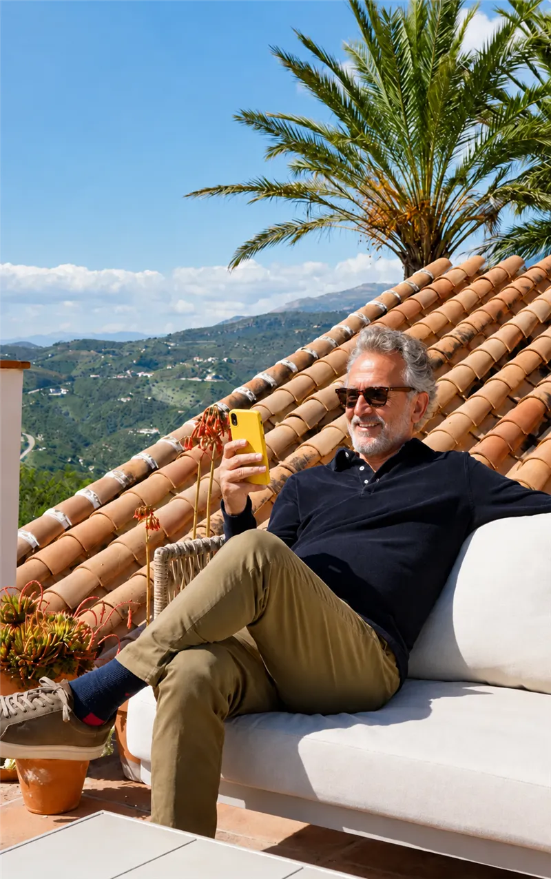 A man relaxing on a sunny terrace in Andalusia, looking at his phone