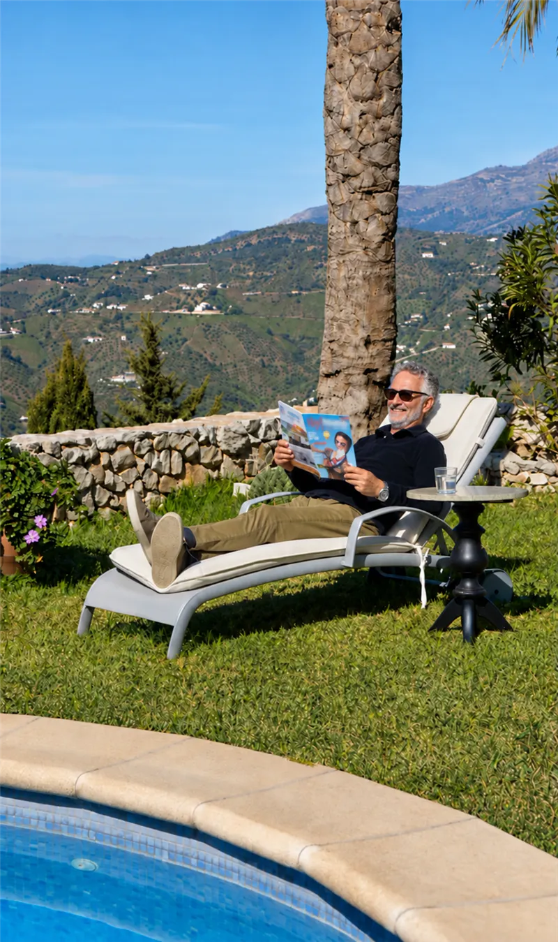 A man reading on a sun lounger by a pool, with green Andalusian hills behind