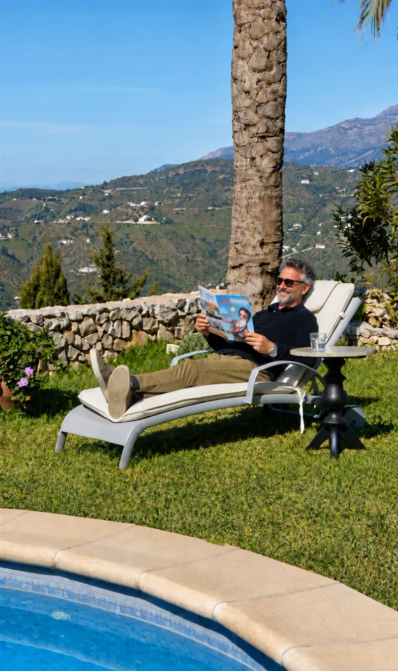 A man reading on a sun lounger by a pool, with green Andalusian hills behind