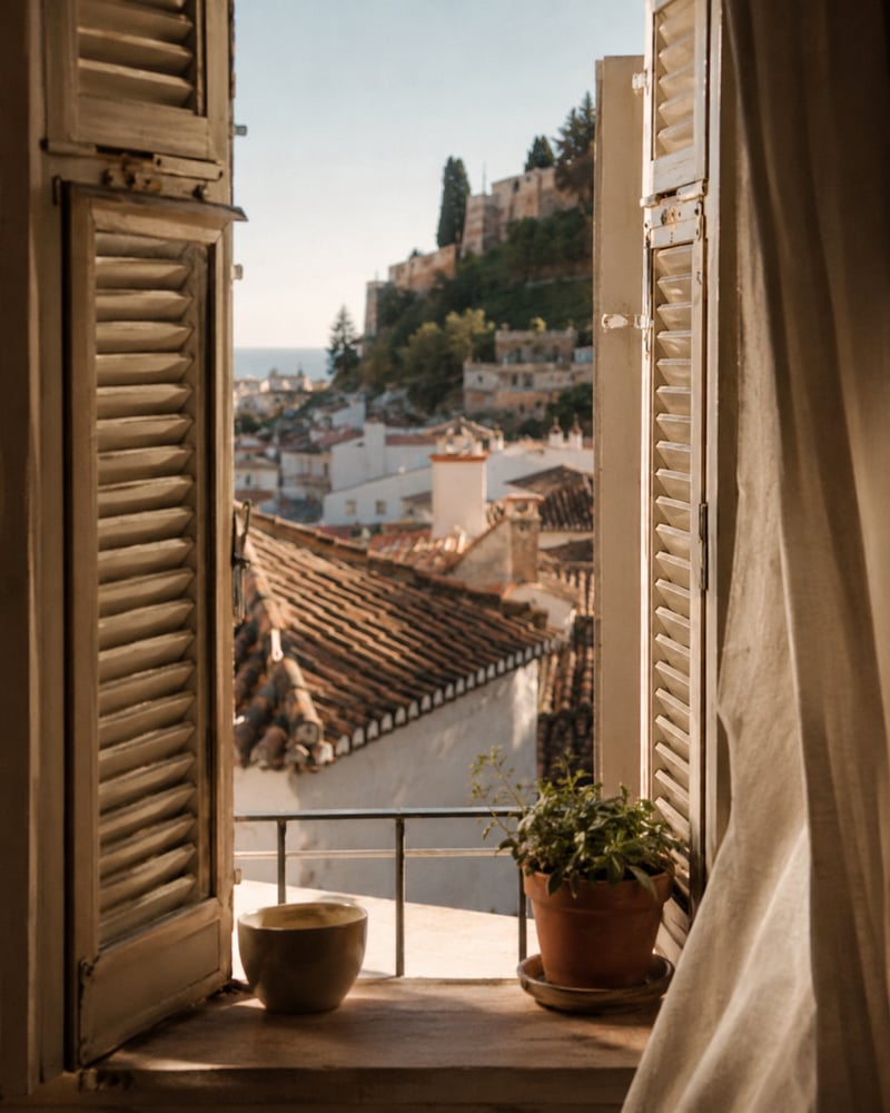 View from a Málaga apartment window at golden hour — wooden shutters open onto terracotta rooftops and the Alcazaba hill beyond