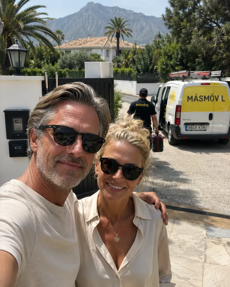 A couple comparing internet providers in Marbella with the city in the background