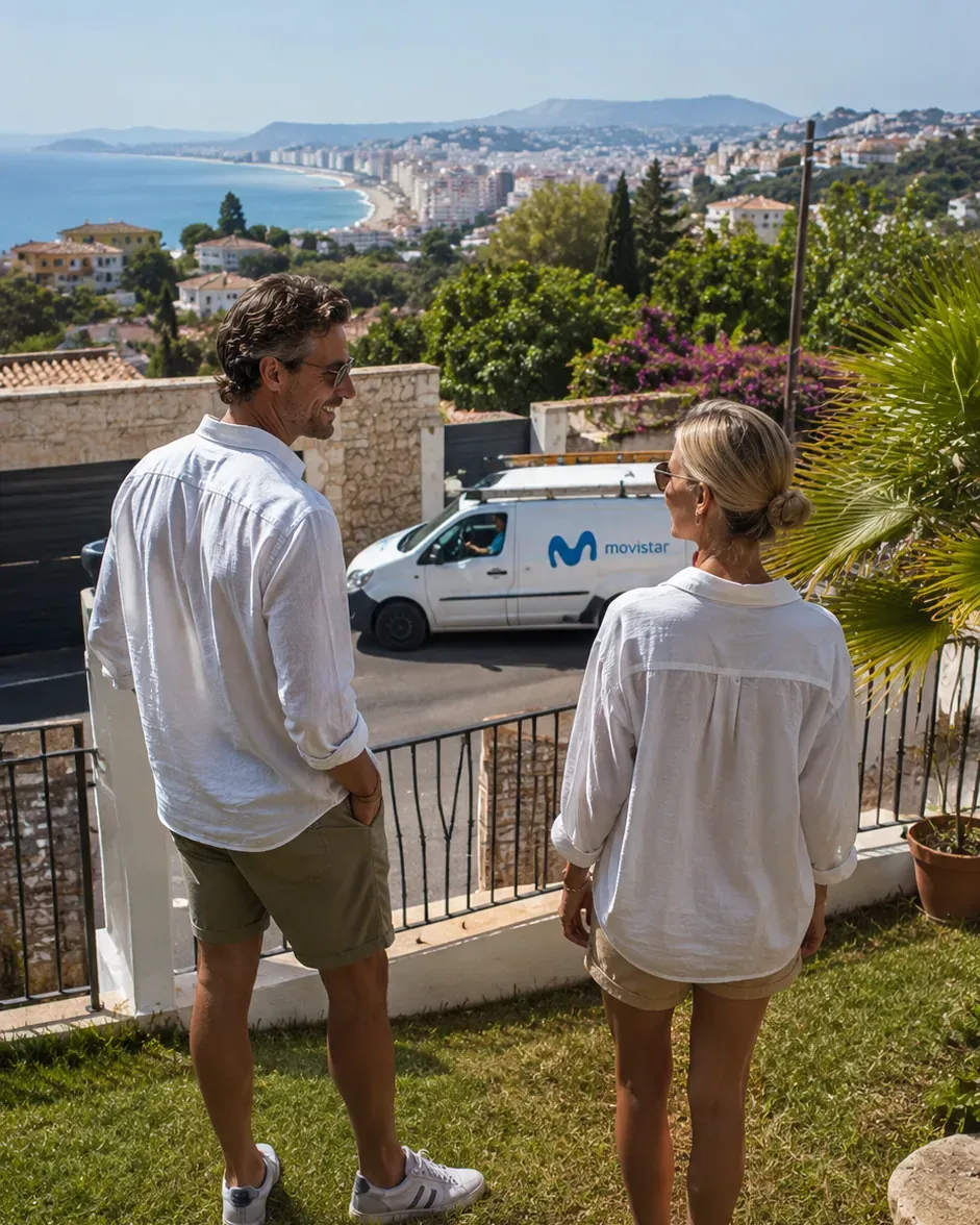 A couple comparing internet providers in Malaga with the city in the background