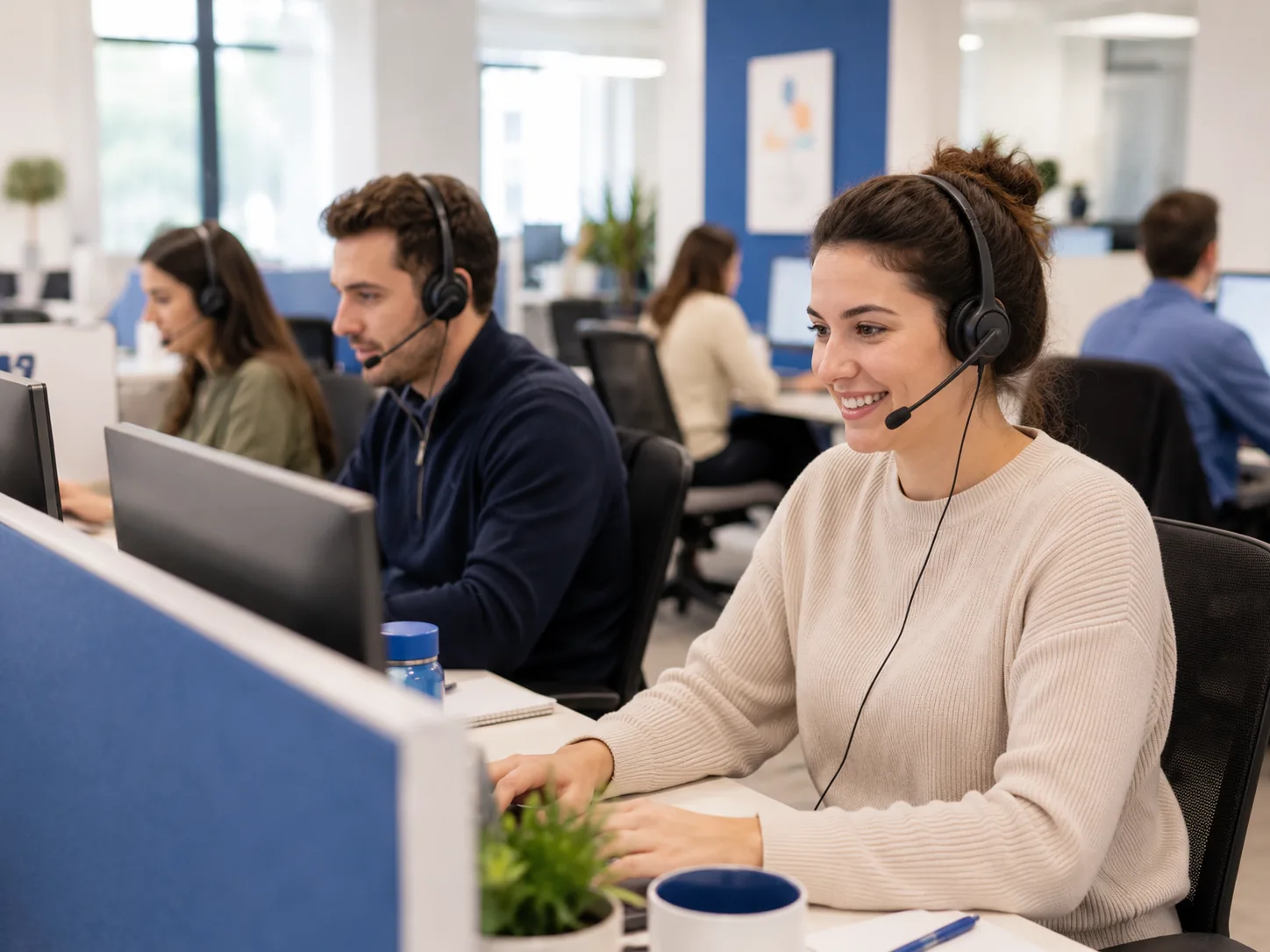 A Settlewell Plus support agent on a headset, helping in English