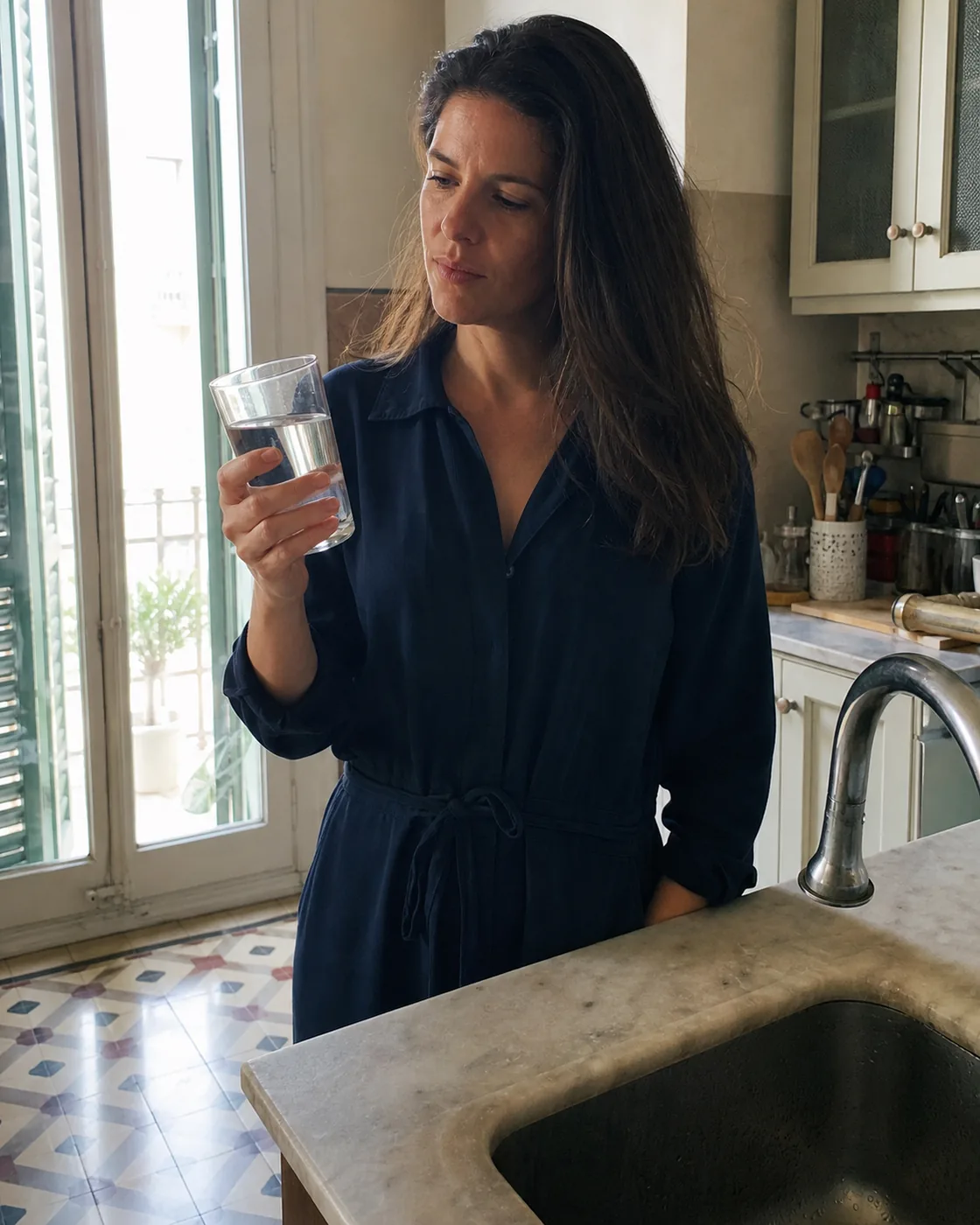 A woman looking at a glass of tap water in a classic Barcelona apartment kitchen
