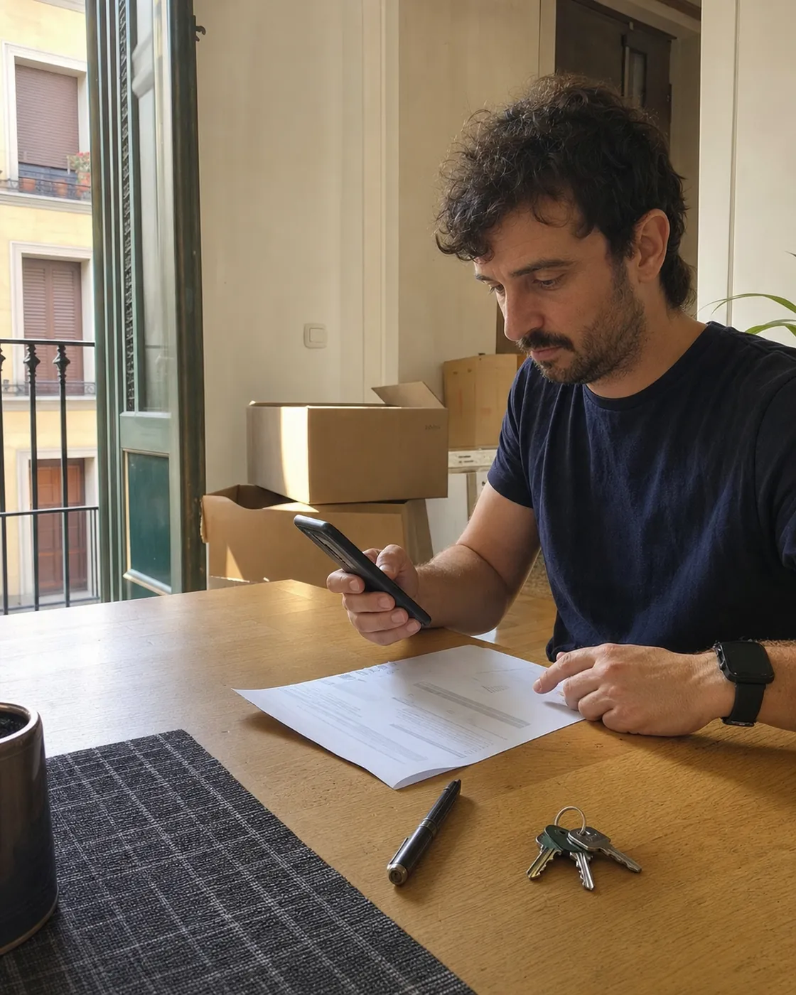 A man reading a utility bill on his phone at a table among moving boxes in a new Spanish flat